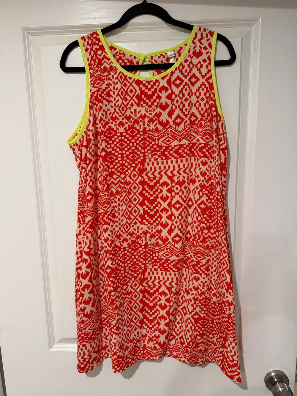 Uncle Frank Red & Cream Printed Sleeveless Mini Dress with Neon Yellow Trim
